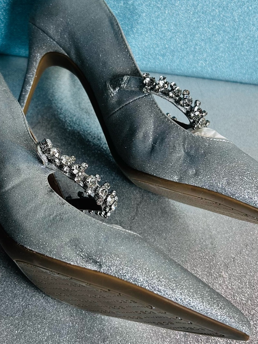 BCBGeneration Blingy Silver Rhinestone Pointed Toe High Heel Shoes Size 7.5 - Picture 11 of 13